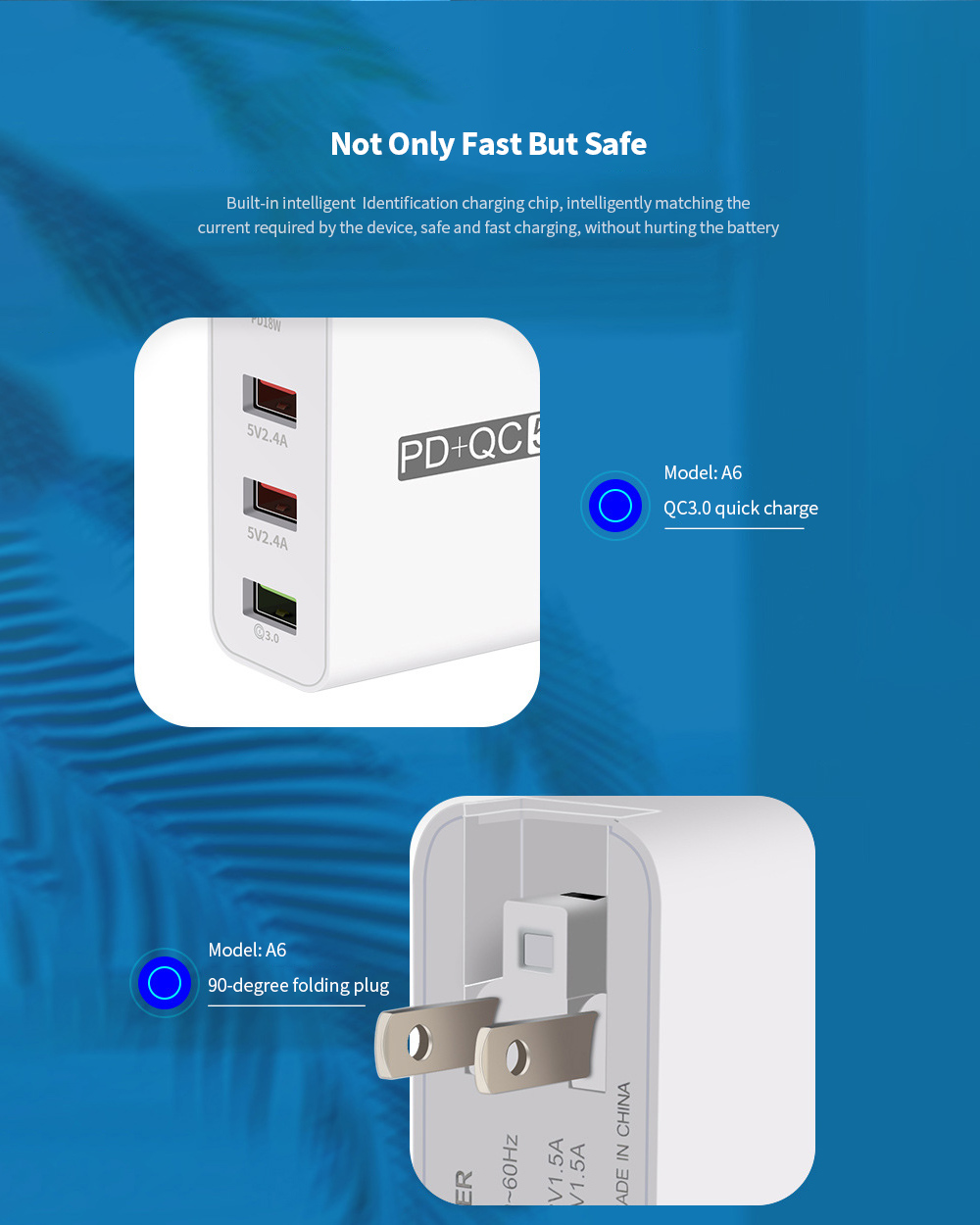 A6 USB Multi-port Plug Adaptor Mobile Phone Charger PD18W QC3.0 Total Power 51W Fast Charge Charging Head - White UK Plug