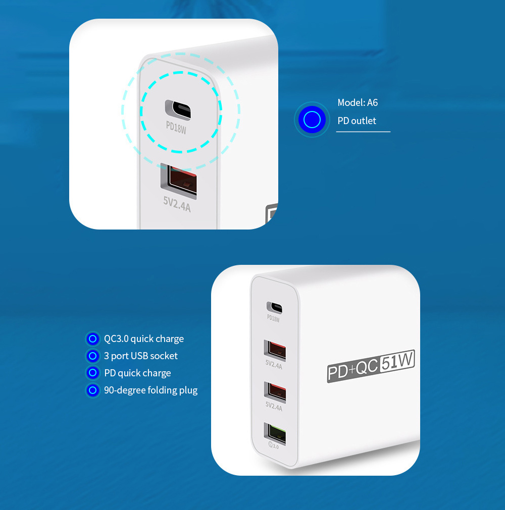 A6 USB Multi-port Plug Adaptor Mobile Phone Charger PD18W QC3.0 Total Power 51W Fast Charge Charging Head - White UK Plug