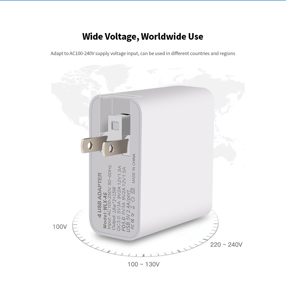 A6 USB Multi-port Plug Adaptor Mobile Phone Charger PD18W QC3.0 Total Power 51W Fast Charge Charging Head - White UK Plug