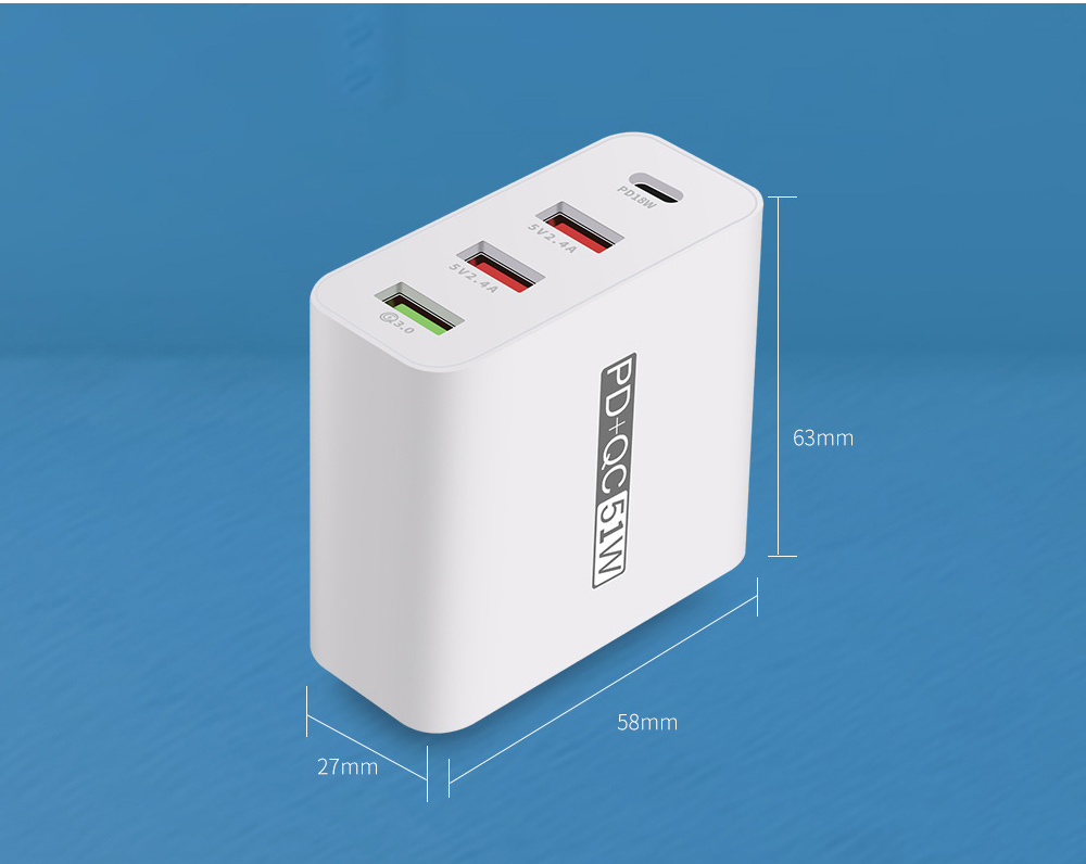 A6 USB Multi-port Plug Adaptor Mobile Phone Charger PD18W QC3.0 Total Power 51W Fast Charge Charging Head - White UK Plug