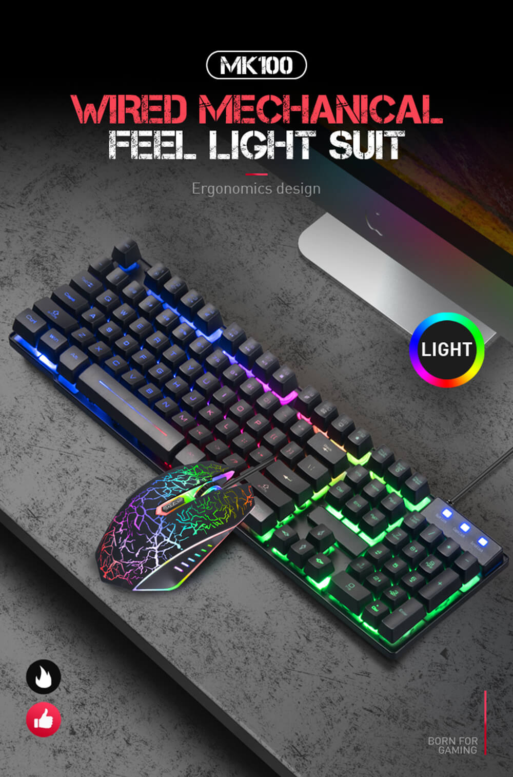 MK100 Keyboard Wired USB Waterproof Backlight Keyboard Game Office Mechanical Keyboard Mouse Set - Black