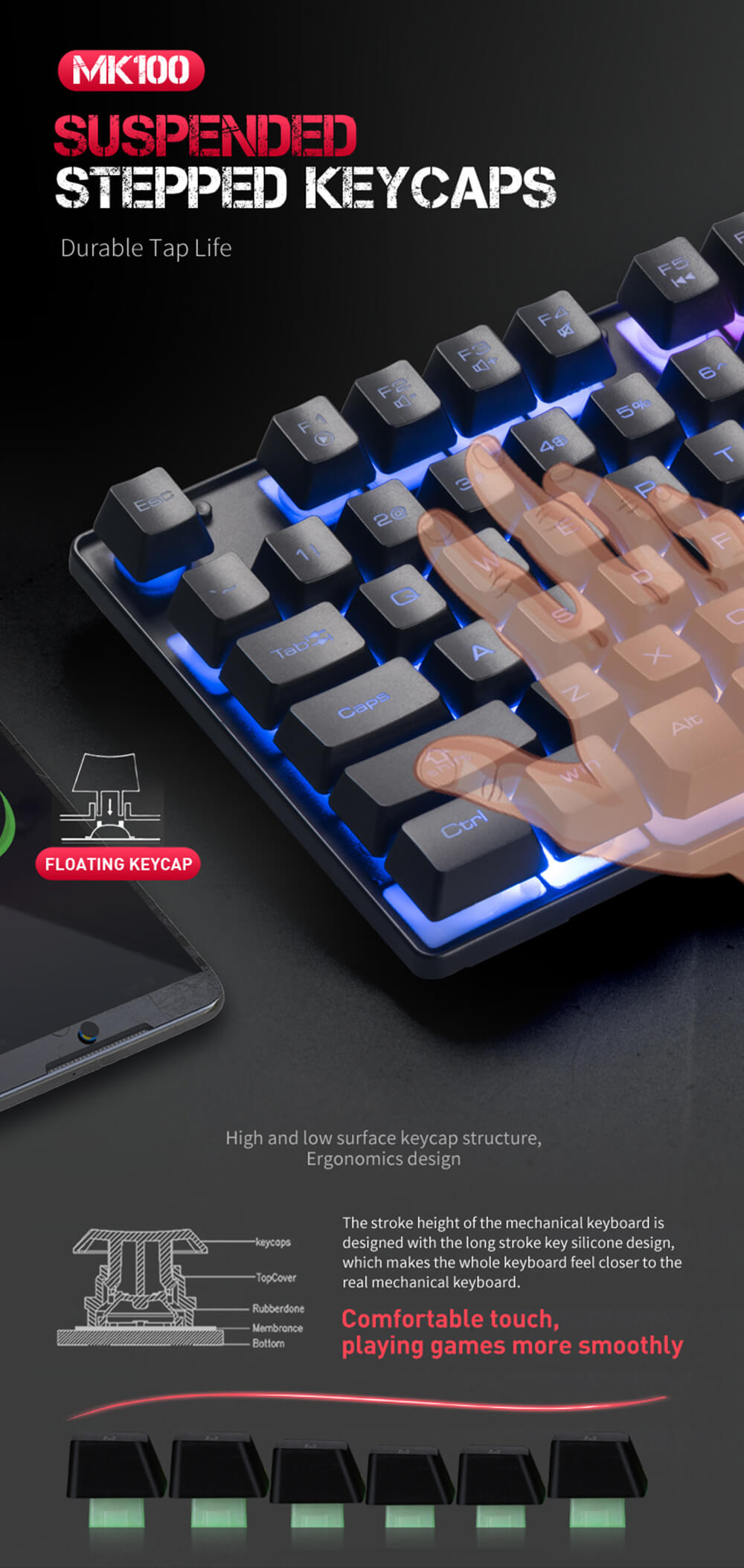 MK100 Keyboard Wired USB Waterproof Backlight Keyboard Game Office Mechanical Keyboard Mouse Set - Black