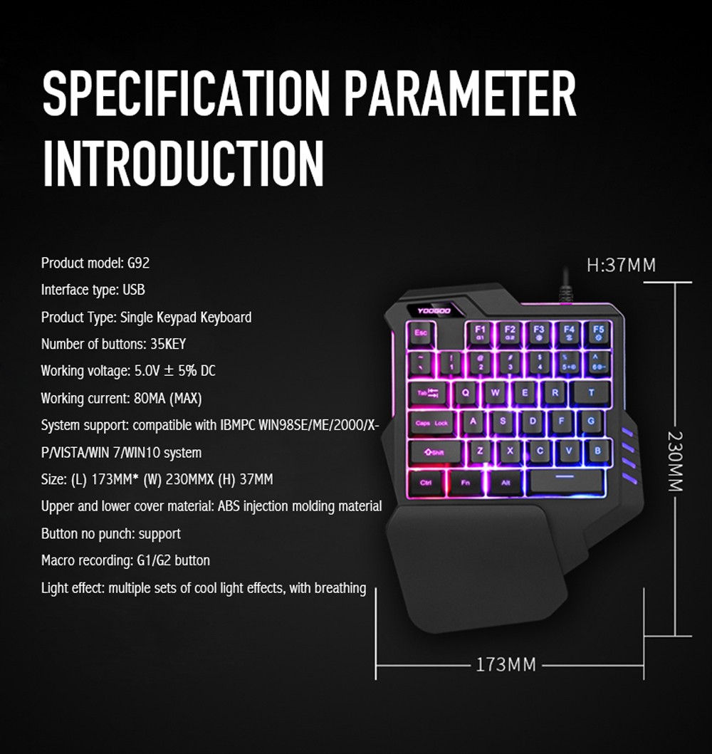 G92 One-handed Wired Gaming Keyboard with 35-Key RGB Colorful Backlight Manipulator Sense for PC Gamer - Black